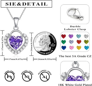 Heart Necklaces for Women 18K White Gold Plated Birthstone CZ Love Heart Pendant Necklace Adjustable Chain Jewelry Necklaces Birthday Gifts Present for Wife Her