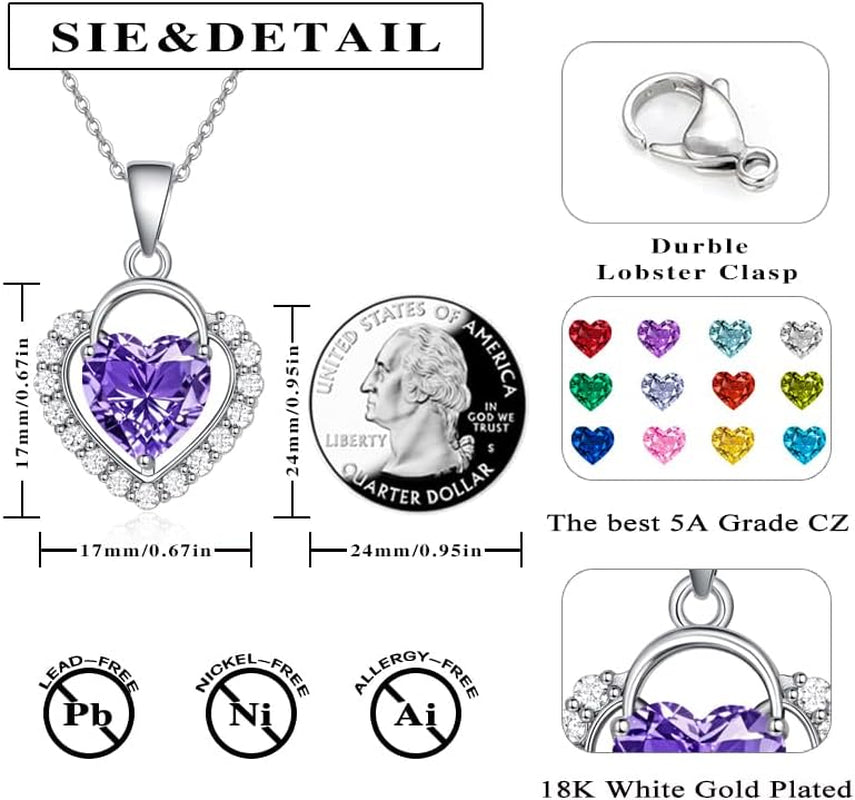 Heart Necklaces for Women 18K White Gold Plated Birthstone CZ Love Heart Pendant Necklace Adjustable Chain Jewelry Necklaces Birthday Gifts Present for Wife Her