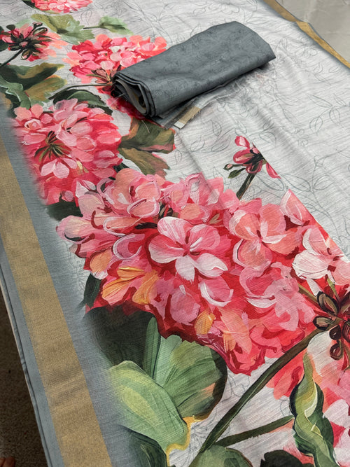 Ila | Grey & Vibrant Pink Floral Printed Semi Tussar Saree