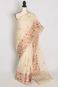 Dhriti | Beige Blended Cotton Saree | Multi-Color Thread Machine Embroidery
