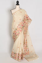 Dhriti | Beige Blended Cotton Saree | Multi-Color Thread Machine Embroidery