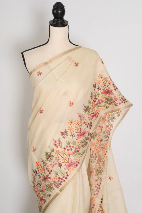 Dhriti | Beige Blended Cotton Saree | Multi-Color Thread Machine Embroidery