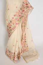 Dhriti | Beige Blended Cotton Saree | Multi-Color Thread Machine Embroidery
