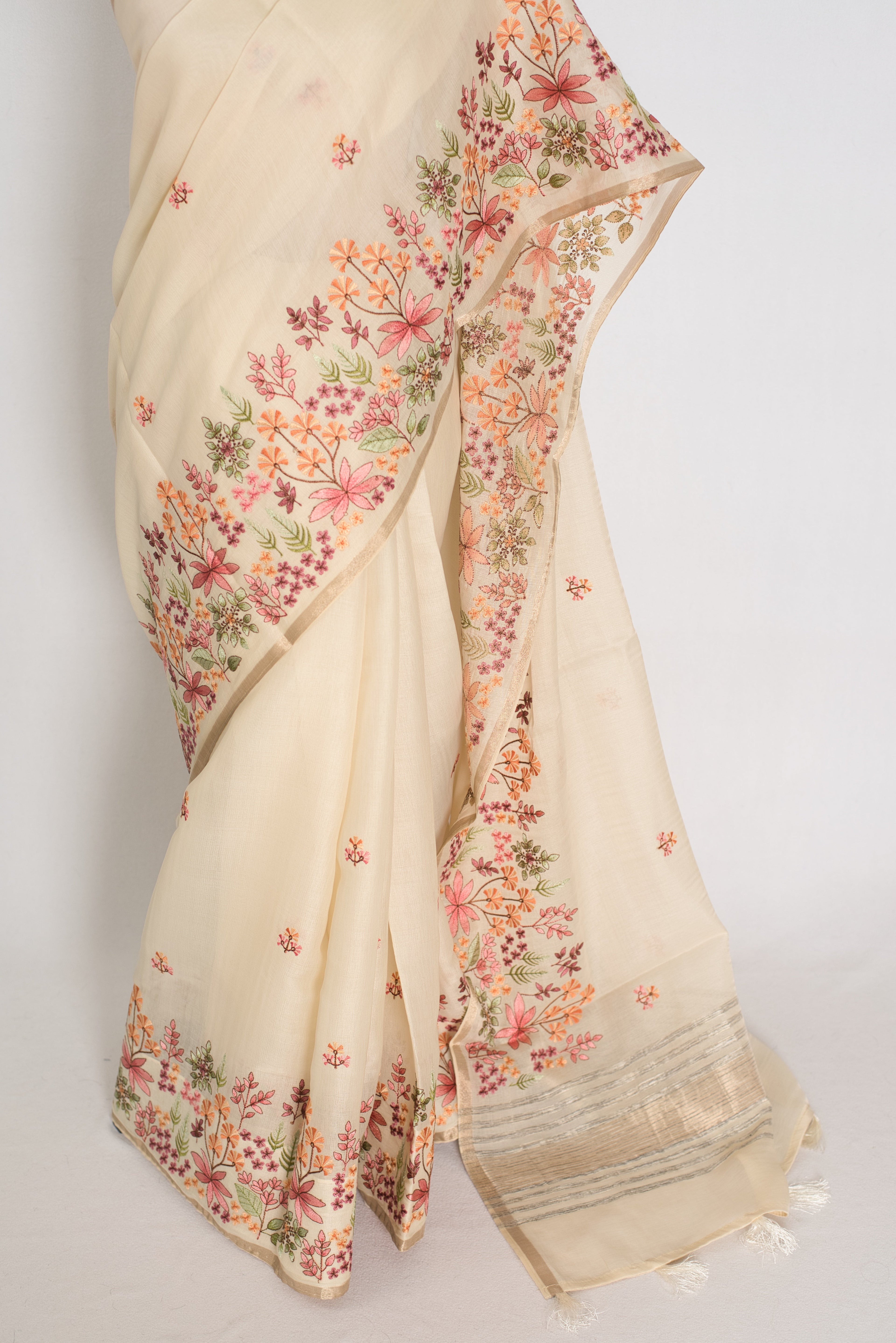 Dhriti | Beige Blended Cotton Saree | Multi-Color Thread Machine Embroidery