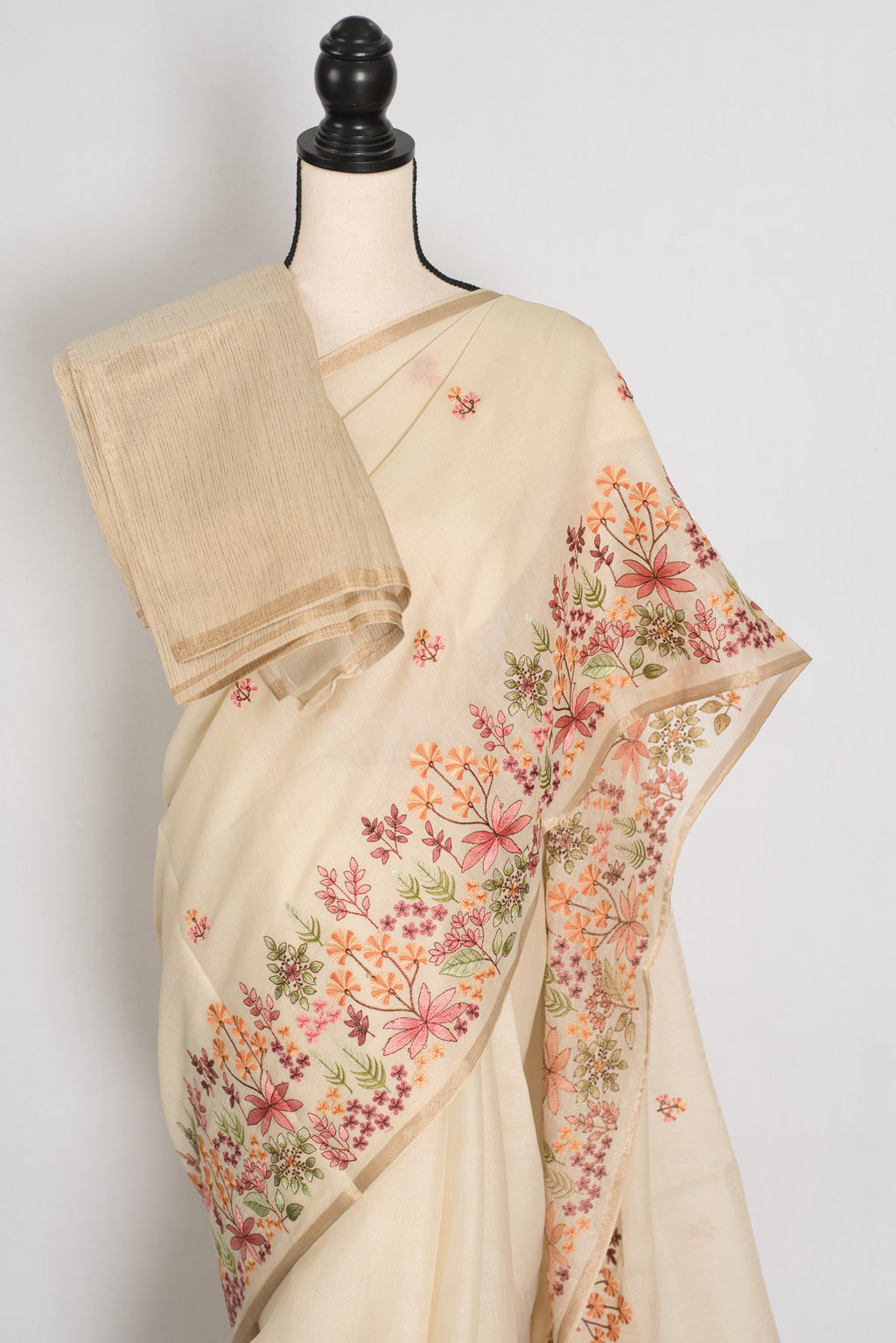 Dhriti | Beige Blended Cotton Saree | Multi-Color Thread Machine Embroidery