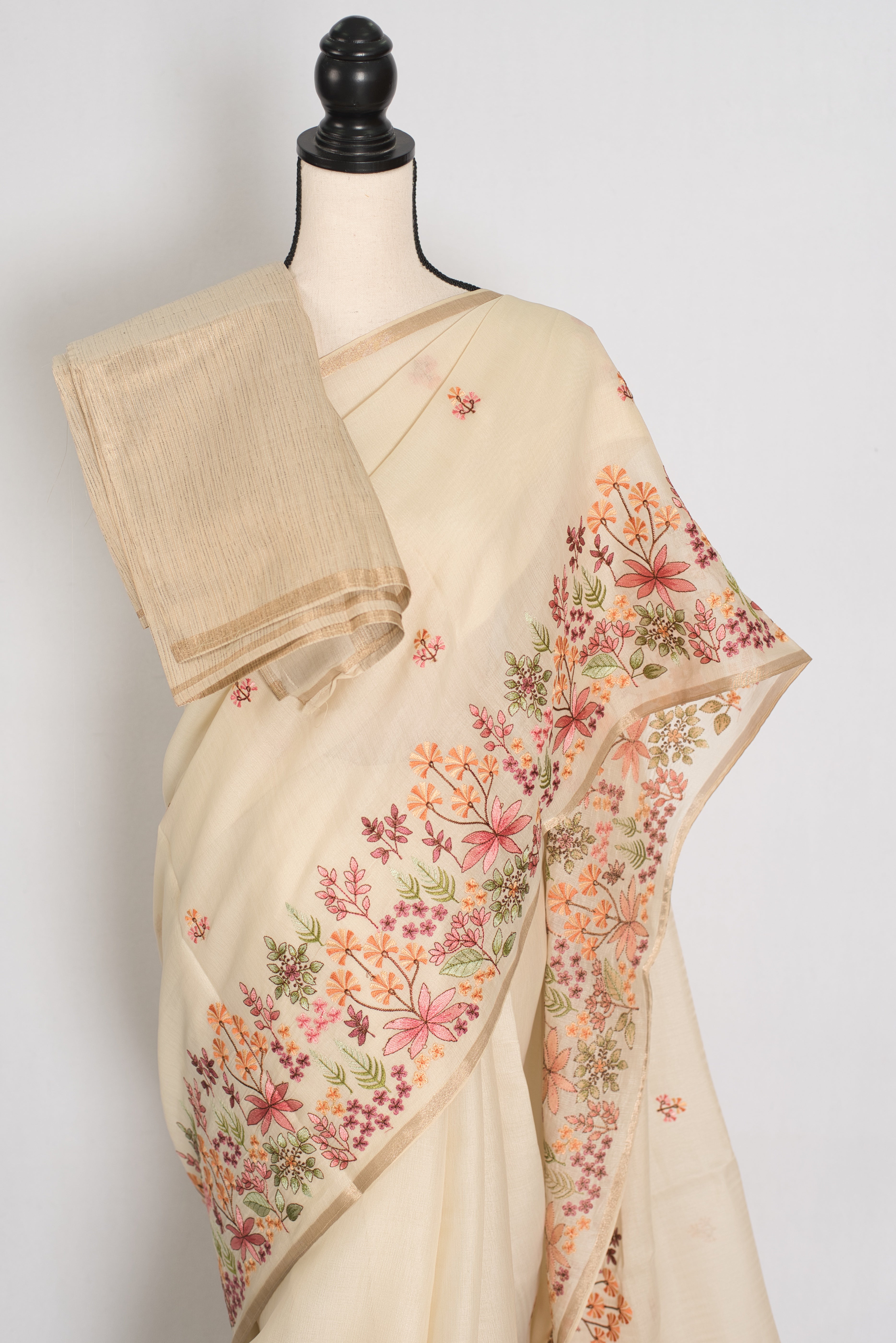 Dhriti | Beige Blended Cotton Saree | Multi-Color Thread Machine Embroidery