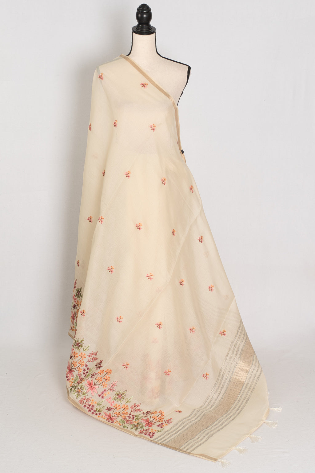 Dhriti | Beige Blended Cotton Saree | Multi-Color Thread Machine Embroidery