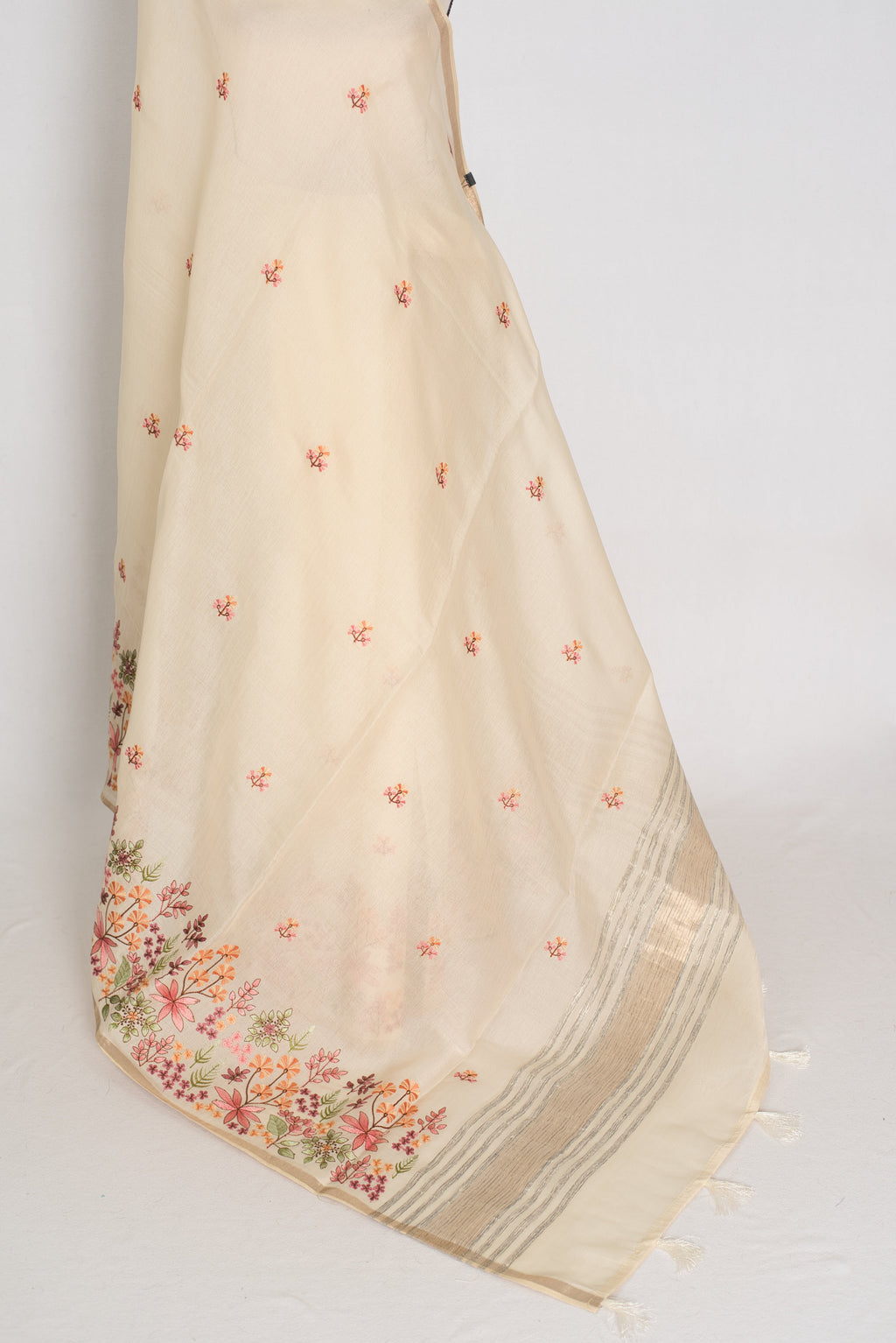 Dhriti | Beige Blended Cotton Saree | Multi-Color Thread Machine Embroidery