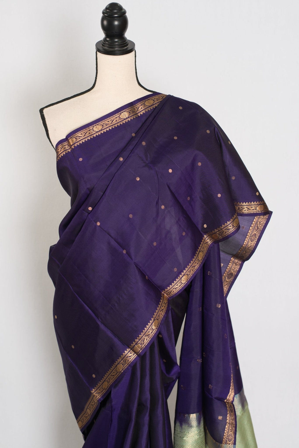Bela: Bluish Purple & Gold Polka Dot Kanjivaram Silk Saree