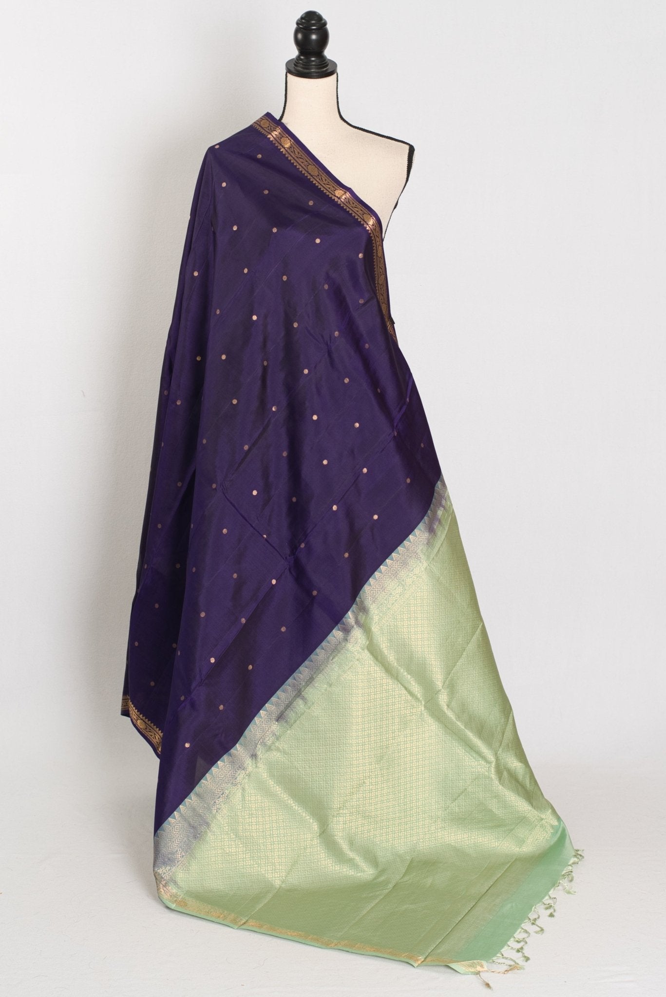 Bela: Bluish Purple & Gold Polka Dot Kanjivaram Silk Saree