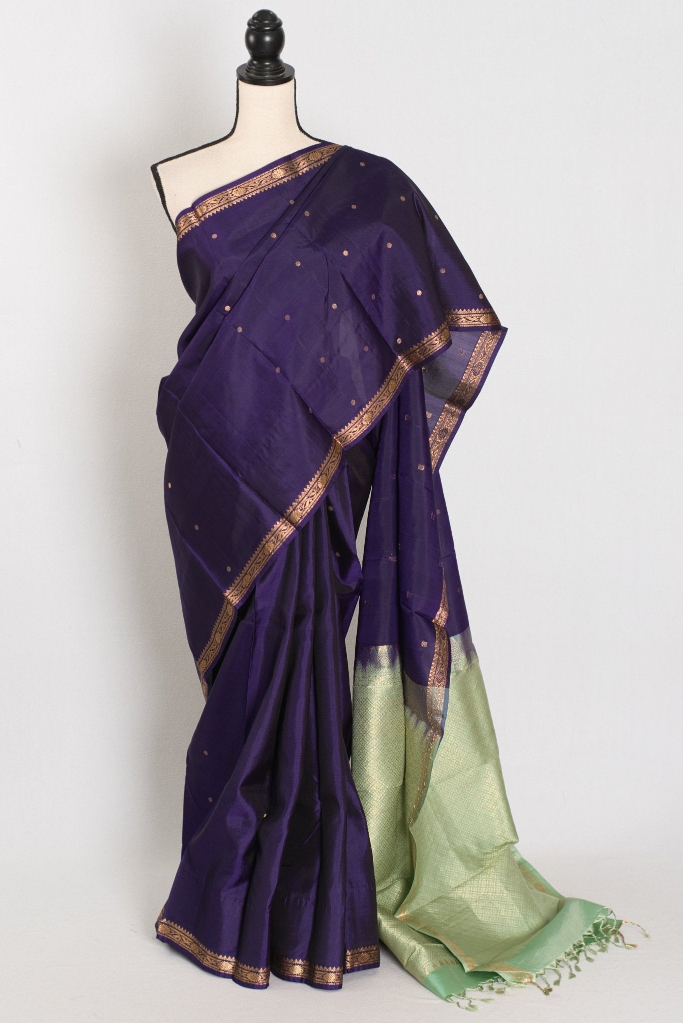 Bela: Bluish Purple & Gold Polka Dot Kanjivaram Silk Saree