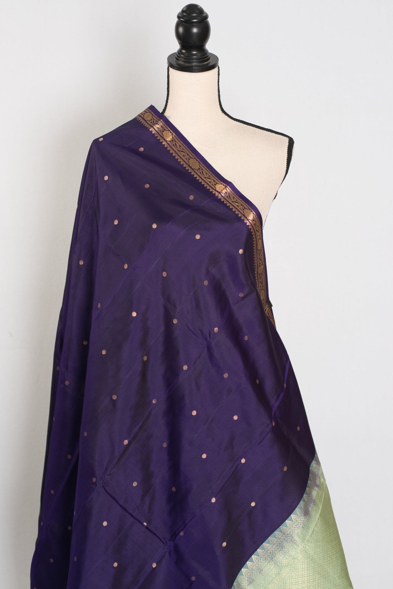 Bela: Bluish Purple & Gold Polka Dot Kanjivaram Silk Saree