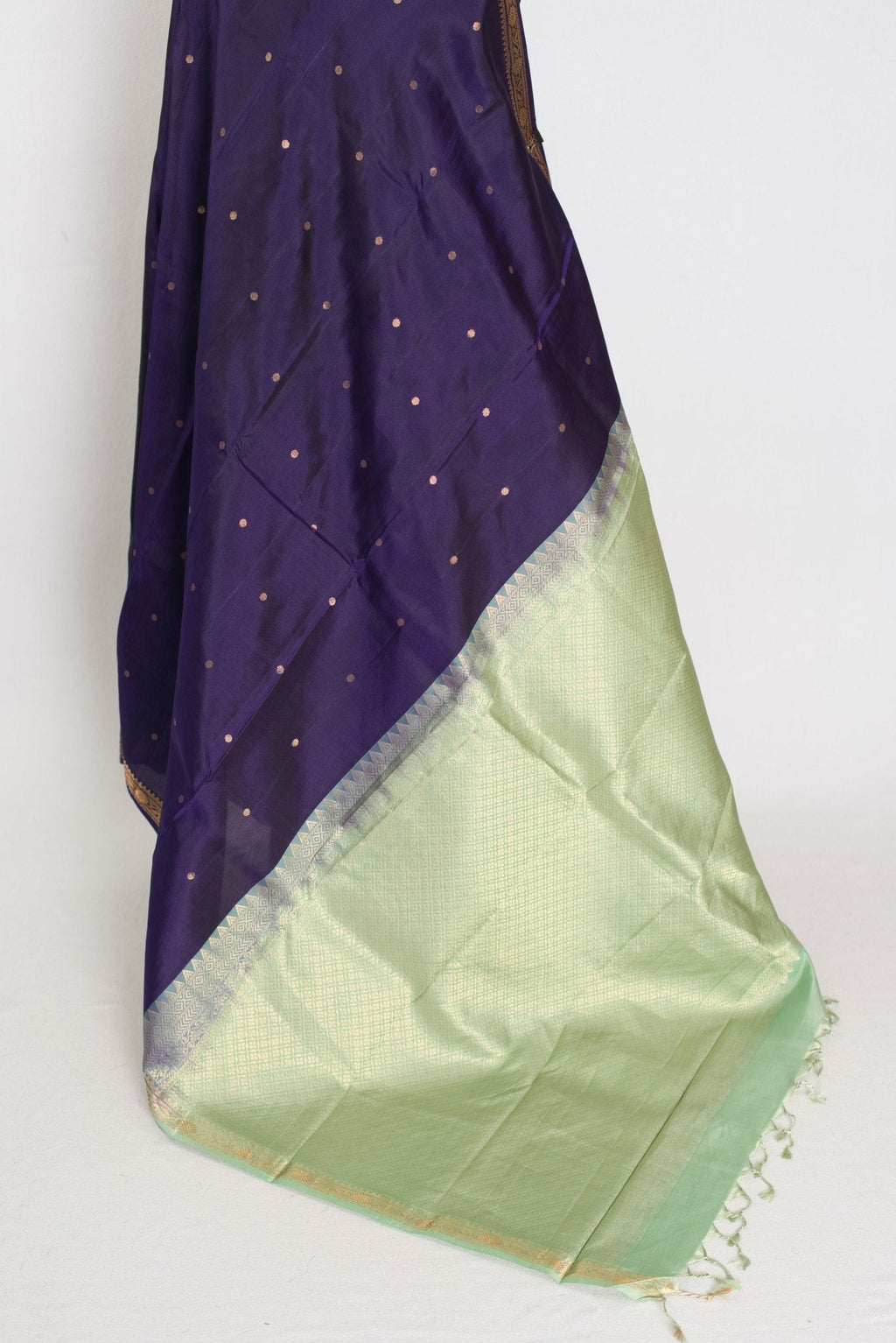 Bela: Bluish Purple & Gold Polka Dot Kanjivaram Silk Saree
