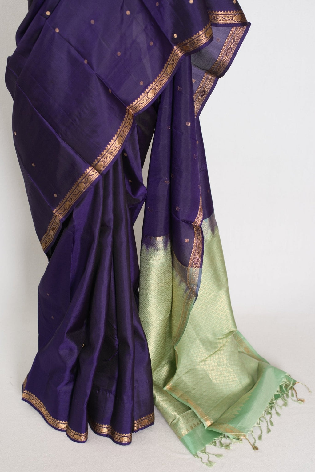 Bela: Bluish Purple & Gold Polka Dot Kanjivaram Silk Saree