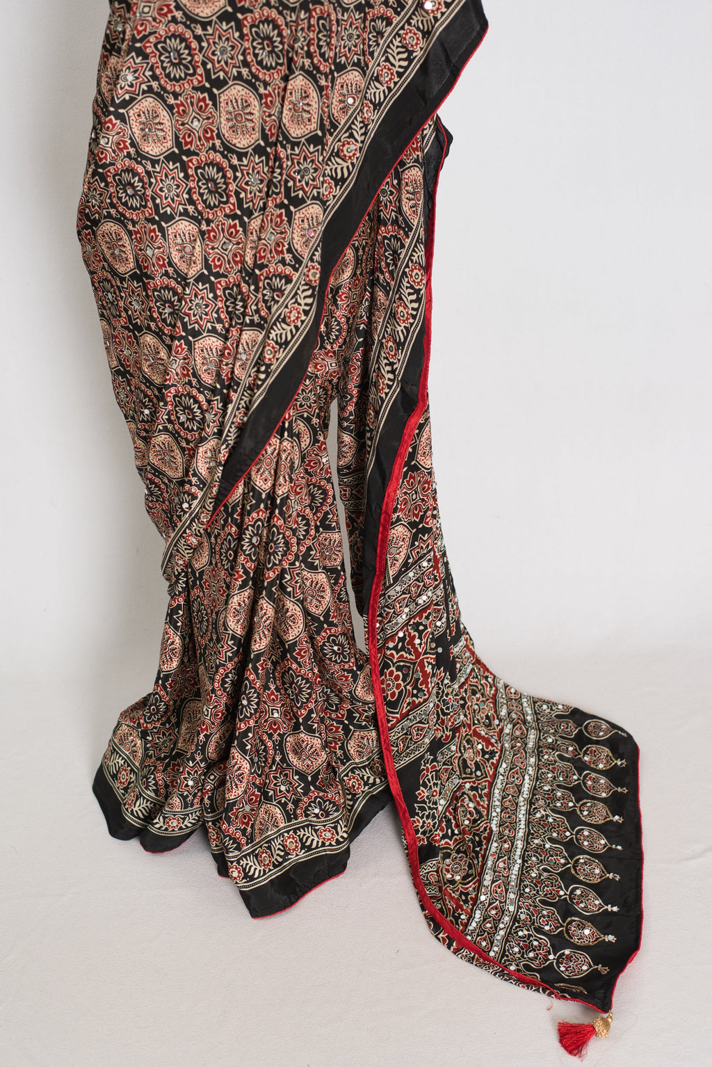 Aliya | Black Ajrakh Printed Mirror Work Saree| Bollywood Inspired Partywear