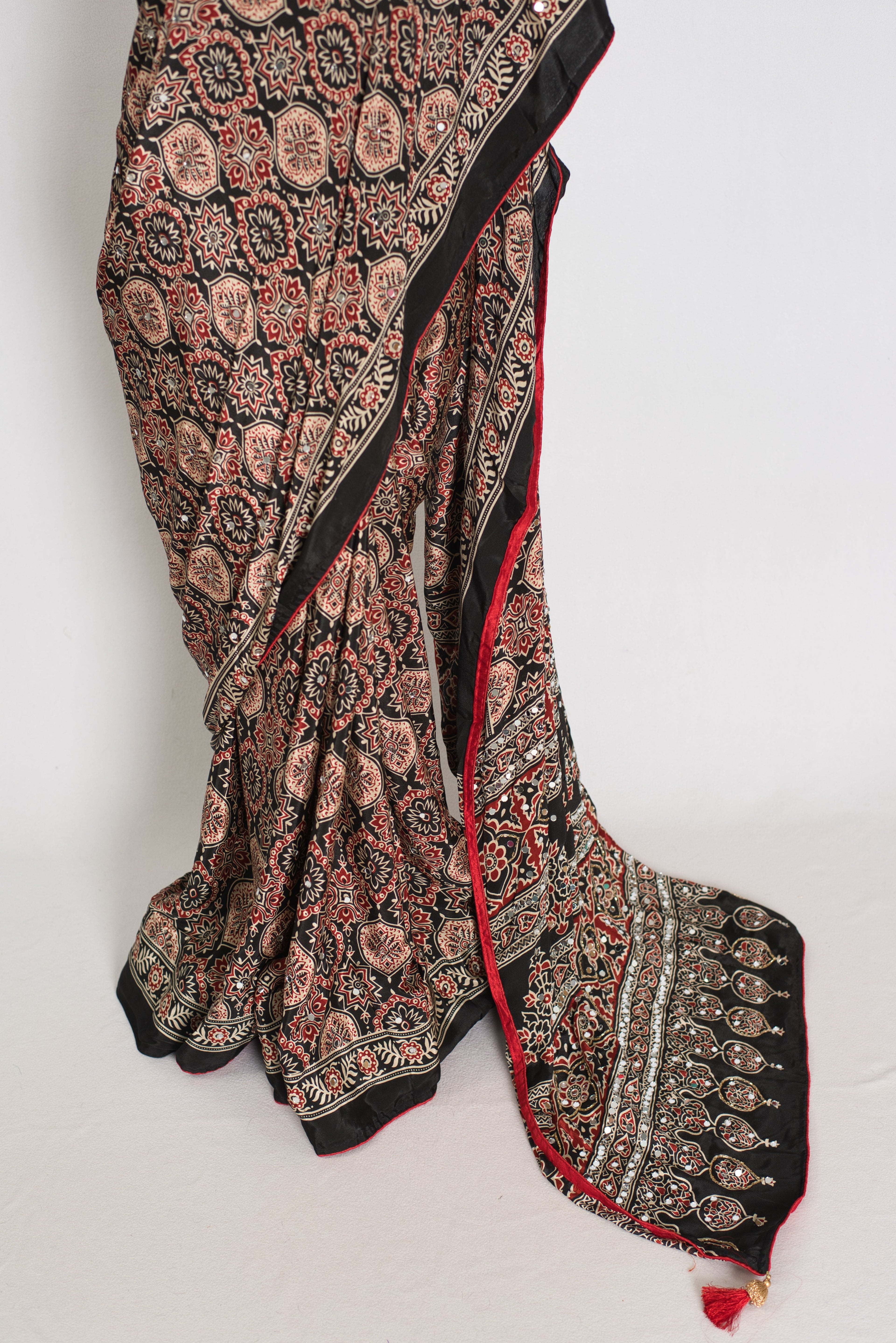 Aliya | Black Ajrakh Printed Mirror Work Saree| Bollywood Inspired Partywear