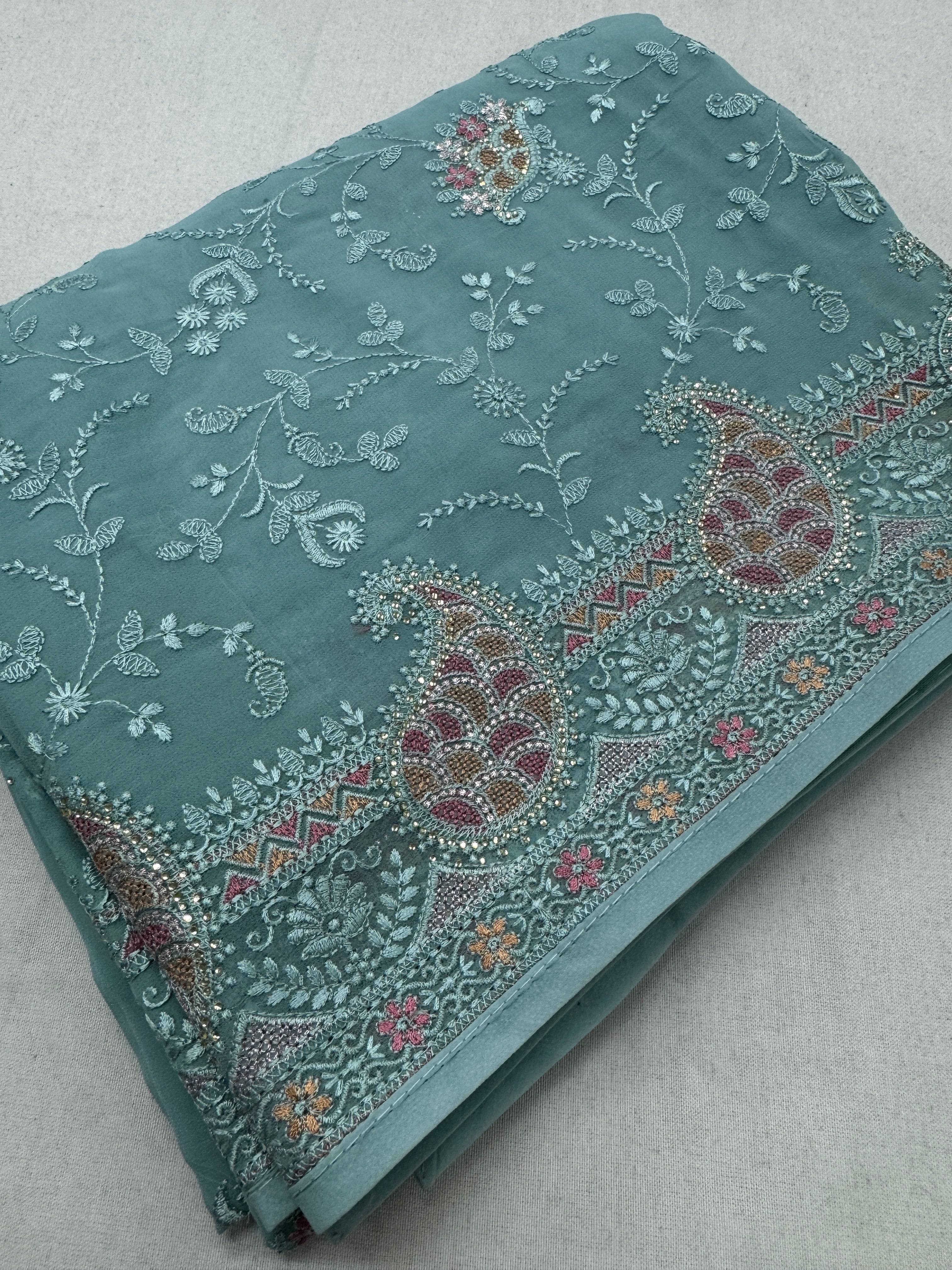 Sudha | Soft Blue Georgette Partywear Saree | Soothing Pastel Floral Embroidery