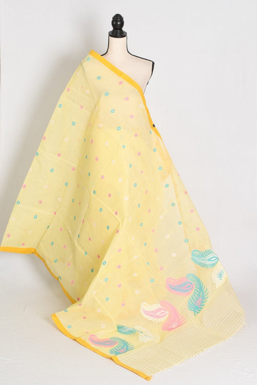 Bhumi: Light Yellow Pure Bengal Cotton Jamdani Saree - Handloom Tant