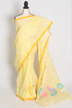 Bhumi: Light Yellow Pure Bengal Cotton Jamdani Saree - Handloom Tant