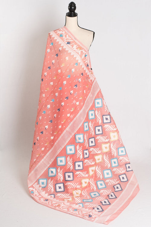 Bina : Peach and White Blended Soft Cotton Jamdani Bengali Saree