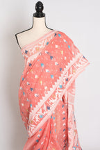 Bina : Peach and White Blended Soft Cotton Jamdani Bengali Saree