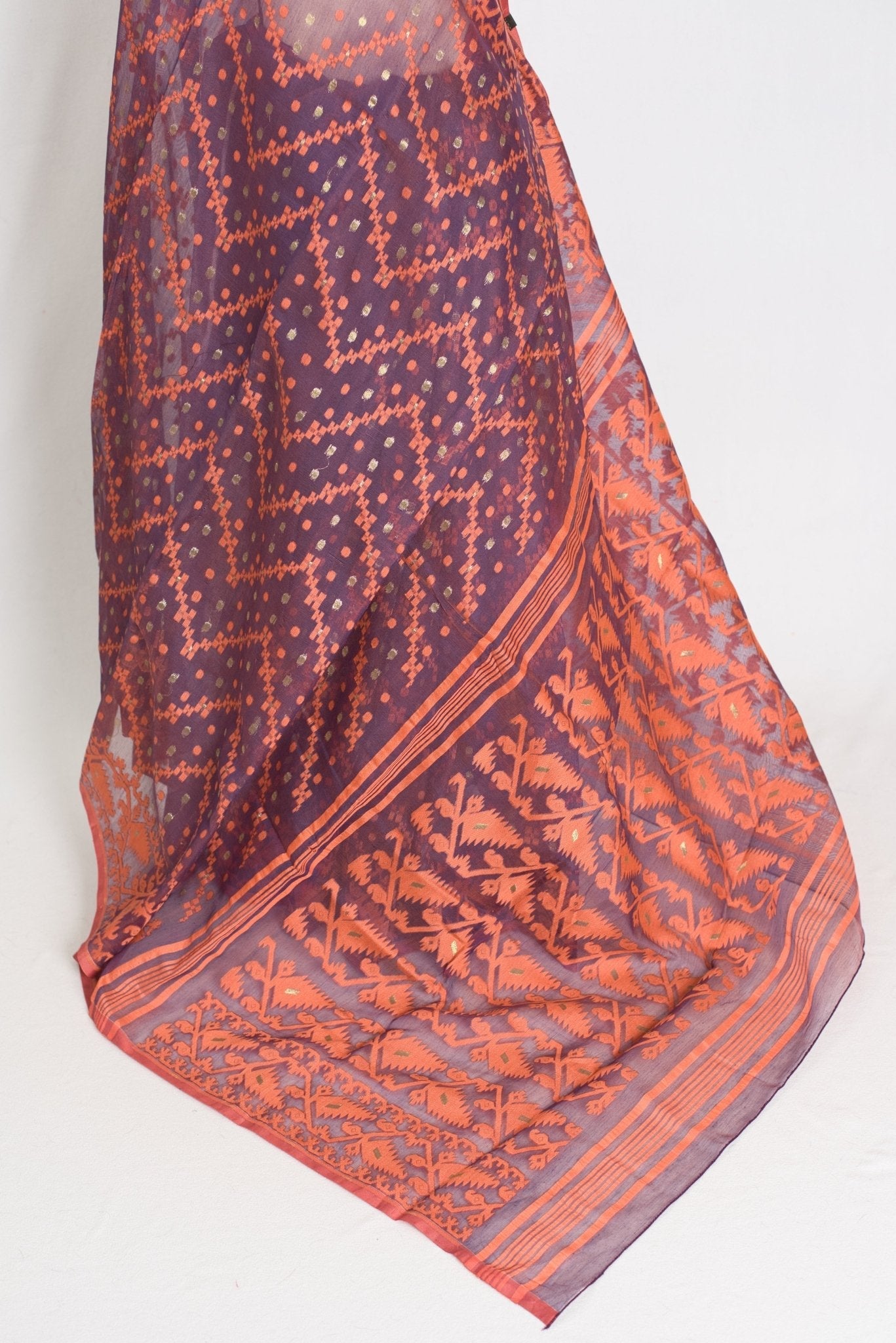 Blended Cotton Soft Jamdani Saree in Purple and Orange