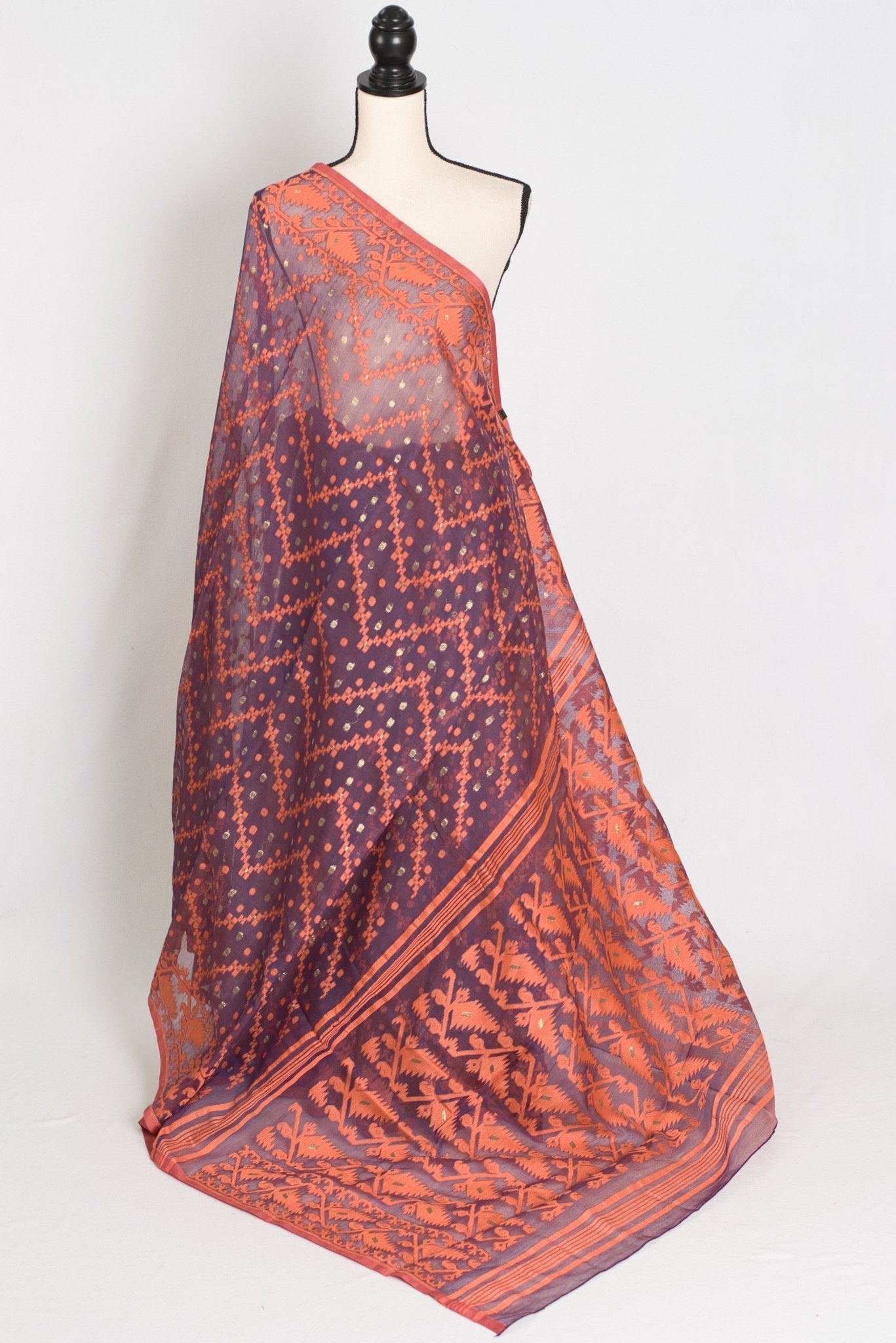 Blended Cotton Soft Jamdani Saree in Purple and Orange