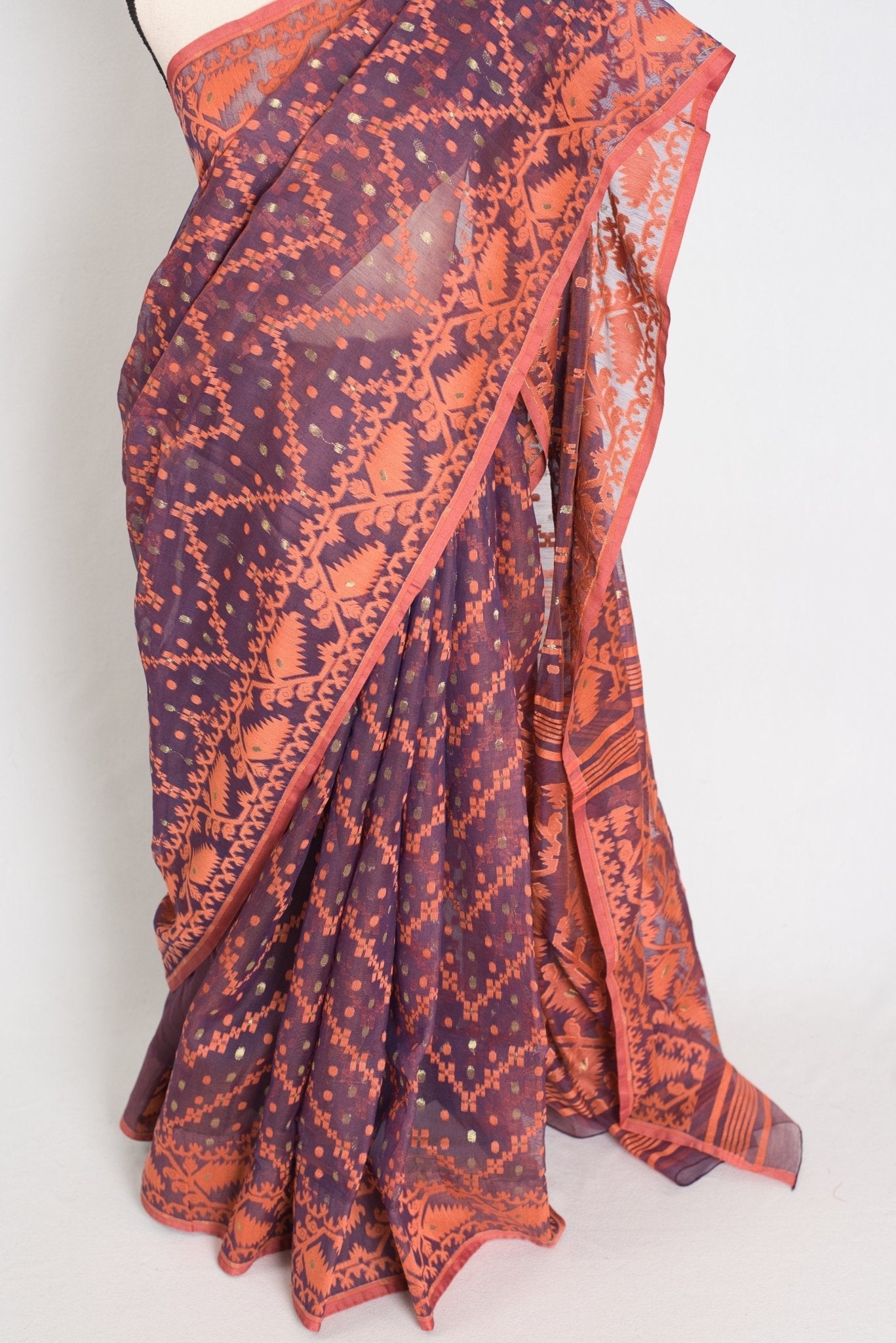 Blended Cotton Soft Jamdani Saree in Purple and Orange