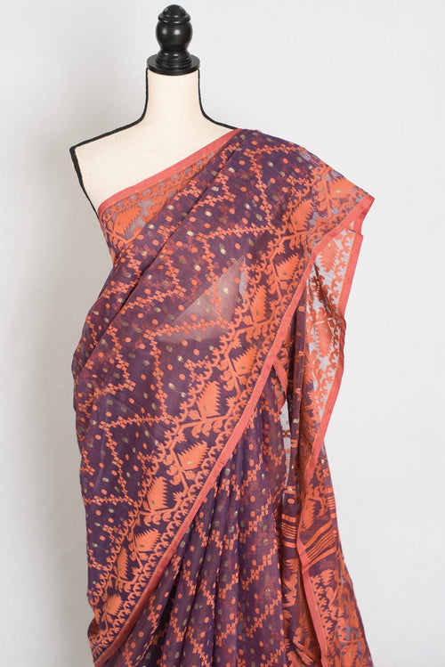 Blended Cotton Soft Jamdani Saree in Purple and Orange