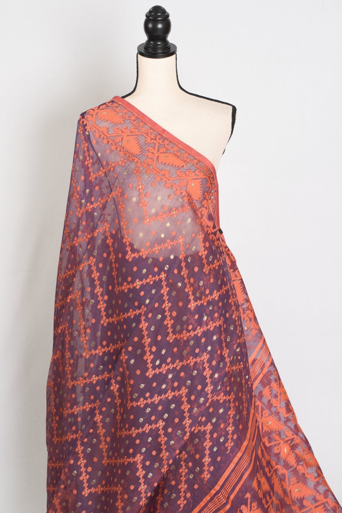 Blended Cotton Soft Jamdani Saree in Purple and Orange