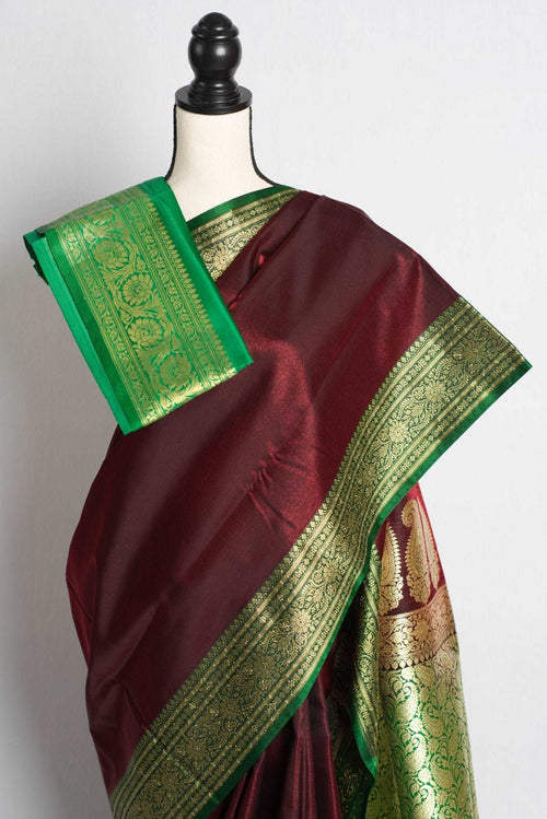 Blended Silk Valkalam Banarasi Saree in Brown and Green