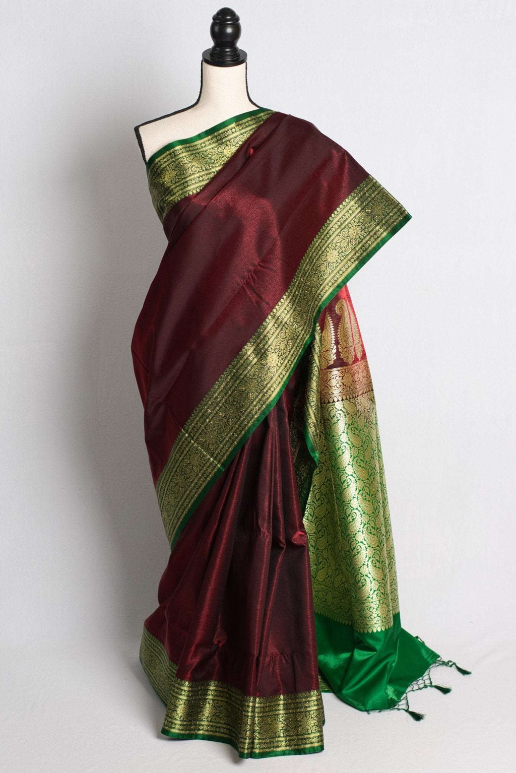 Blended Silk Valkalam Banarasi Saree in Brown and Green