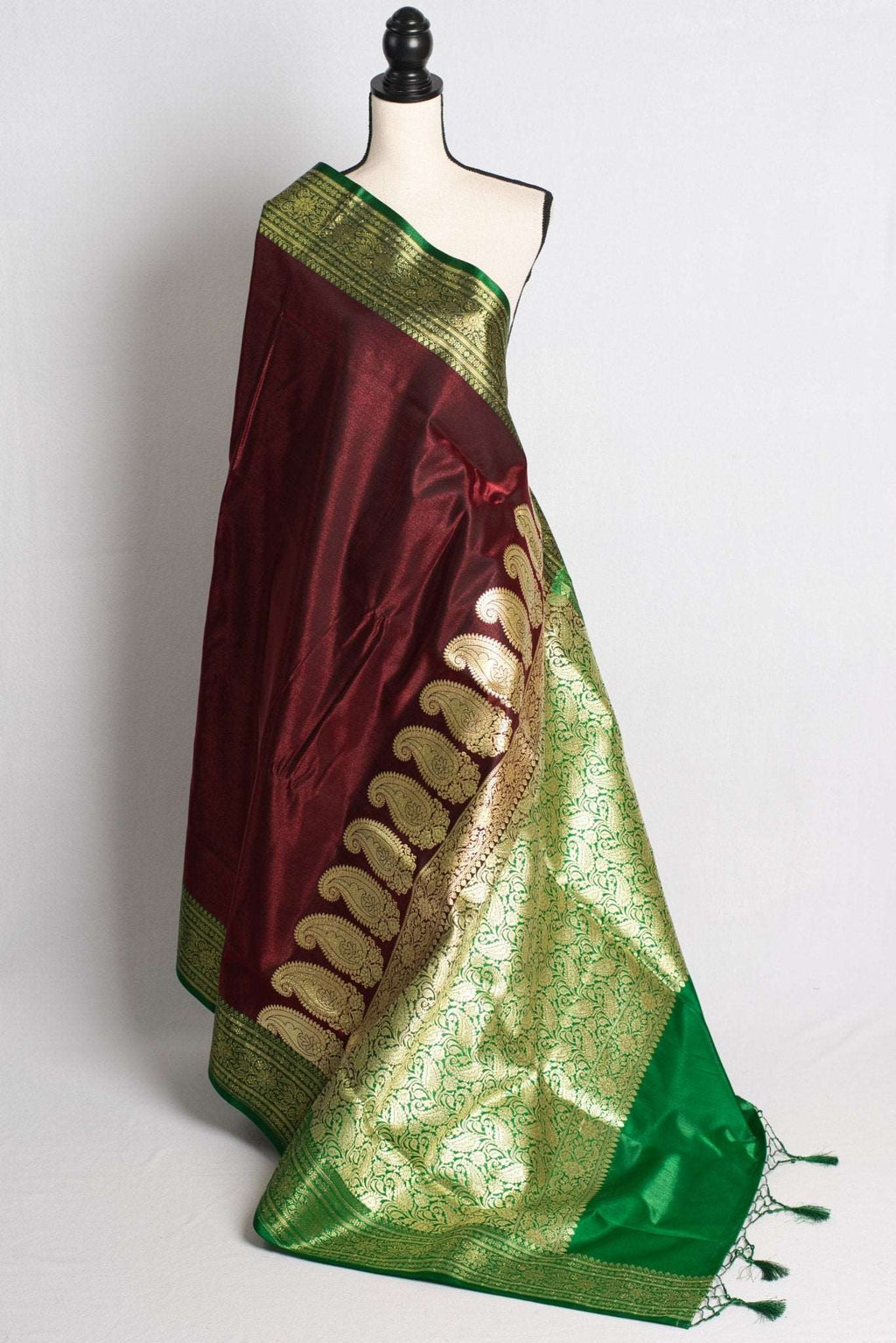 Blended Silk Valkalam Banarasi Saree in Brown and Green