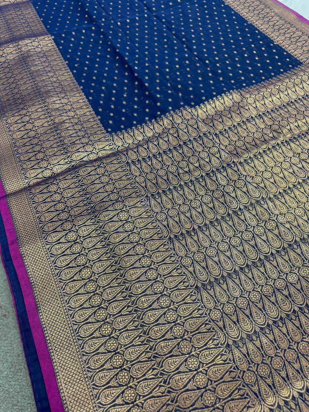 Blended Soft Cotton Silk Banarasi Saree in Dark Blue and Antique Gold