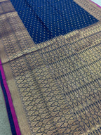 Blended Soft Cotton Silk Banarasi Saree in Dark Blue and Antique Gold