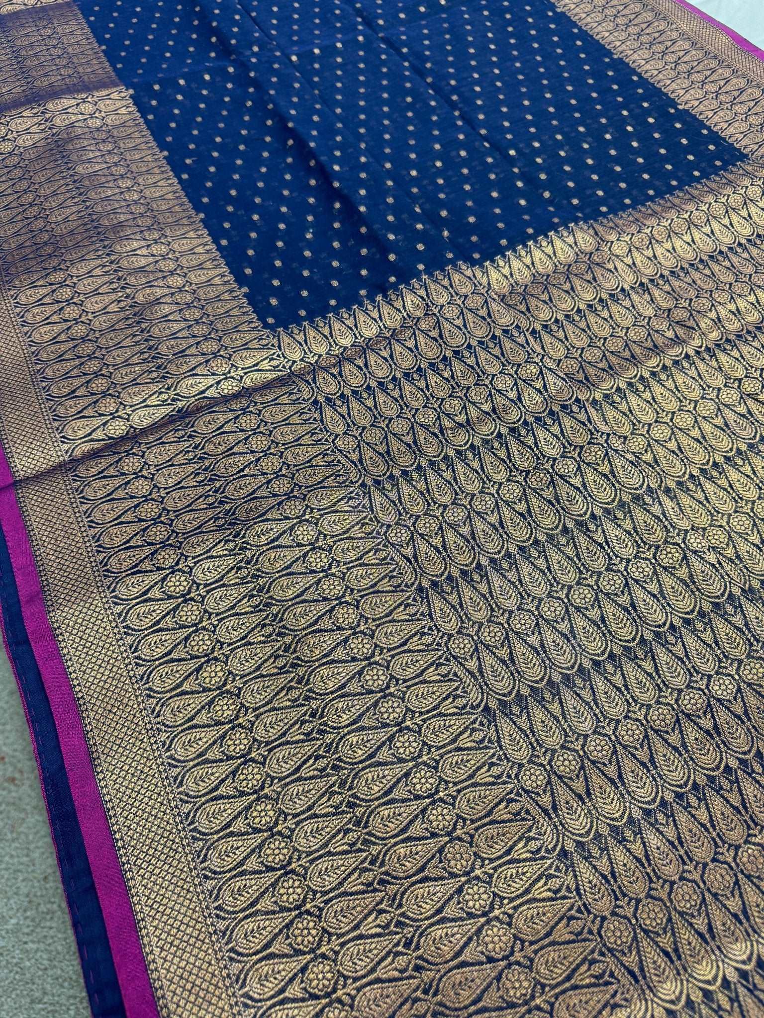 Blended Soft Cotton Silk Banarasi Saree in Dark Blue and Antique Gold