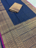 Blended Soft Cotton Silk Banarasi Saree in Dark Blue and Antique Gold
