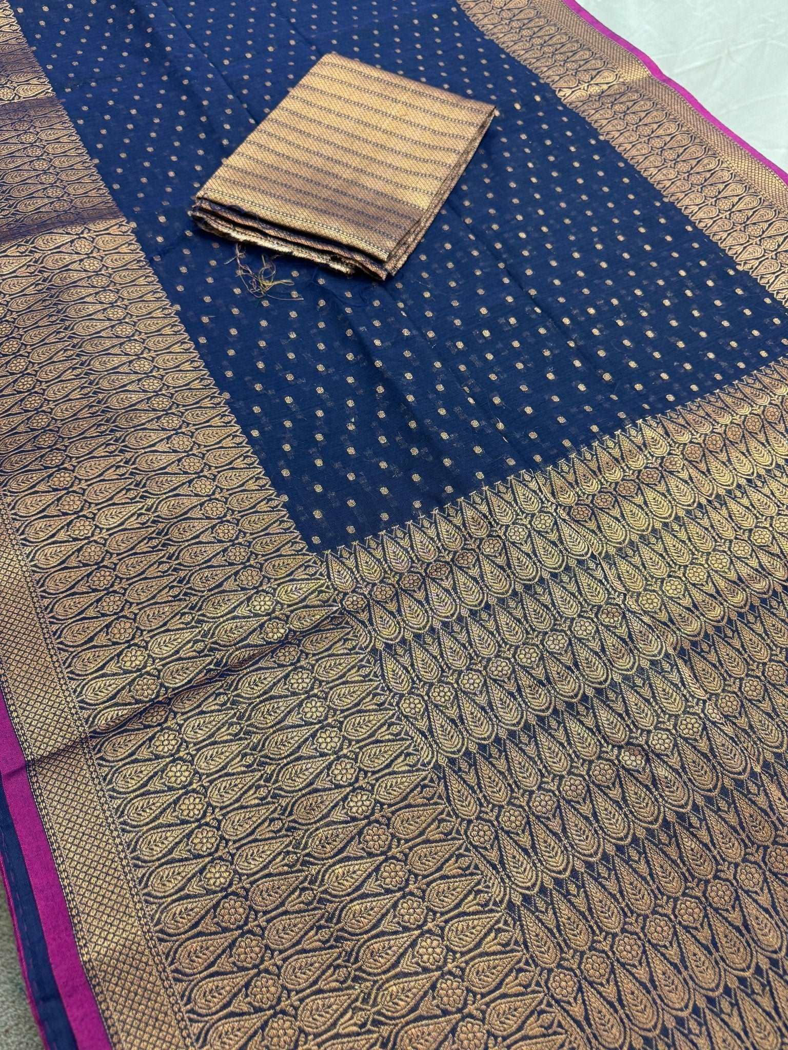 Blended Soft Cotton Silk Banarasi Saree in Dark Blue and Antique Gold