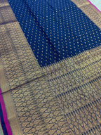 Blended Soft Cotton Silk Banarasi Saree in Dark Blue and Antique Gold