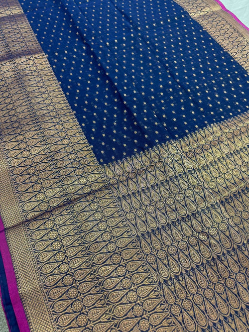 Blended Soft Cotton Silk Banarasi Saree in Dark Blue and Antique Gold