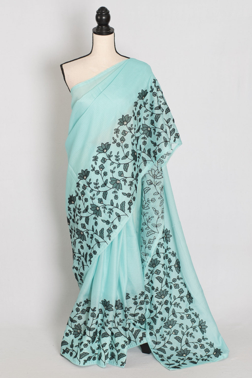 Dhriti | Turquoise Blue & Black Semi Kota Silk Saree | Artistic Floral Appliqué