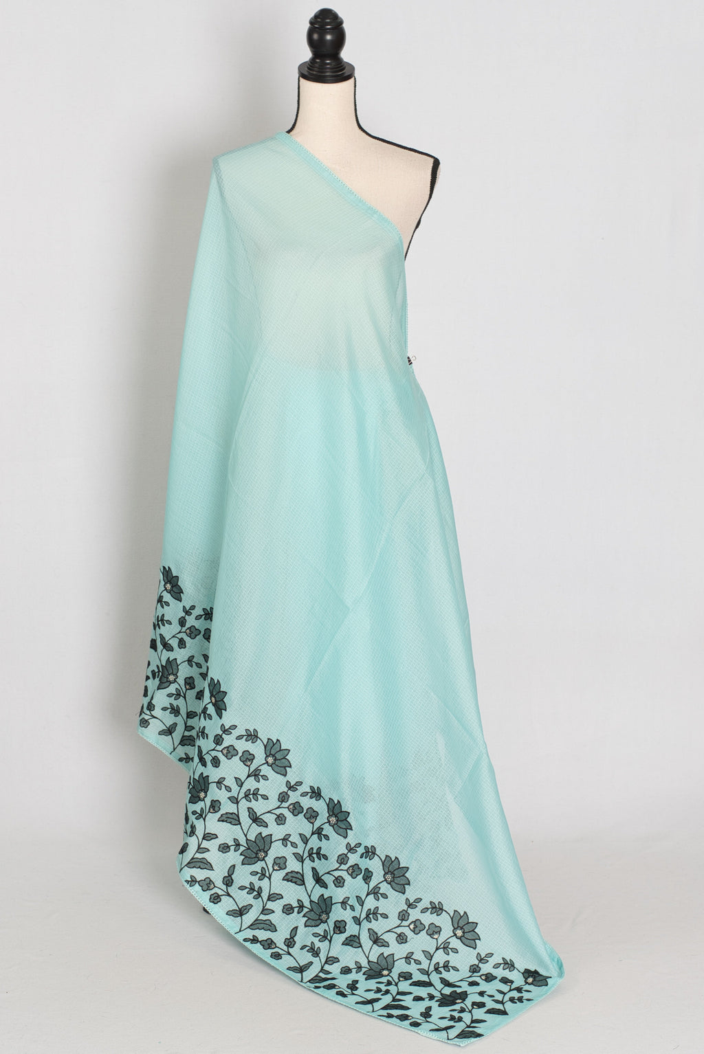 Dhriti | Turquoise Blue & Black Semi Kota Silk Saree | Artistic Floral Appliqué