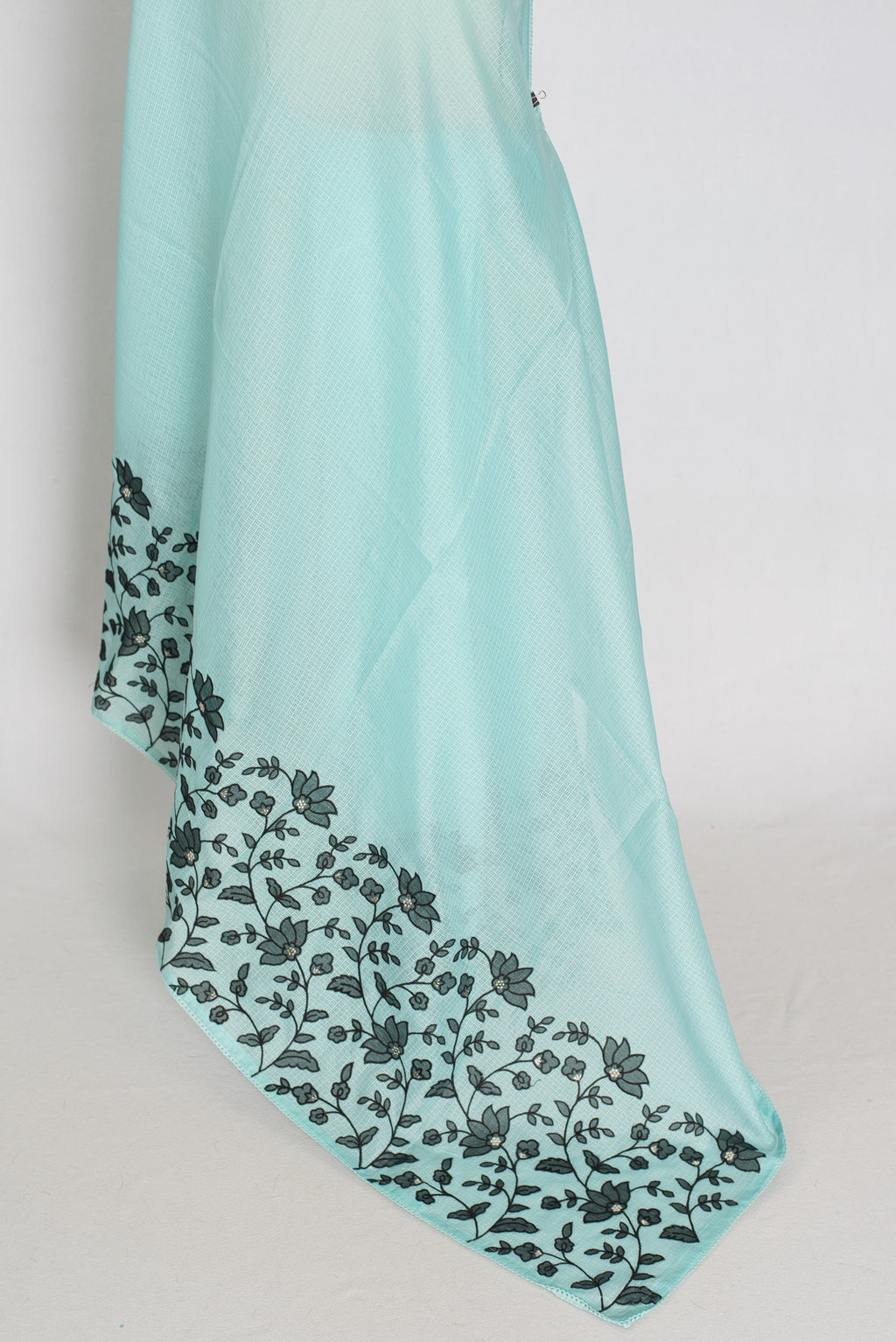 Dhriti | Turquoise Blue & Black Semi Kota Silk Saree | Artistic Floral Appliqué