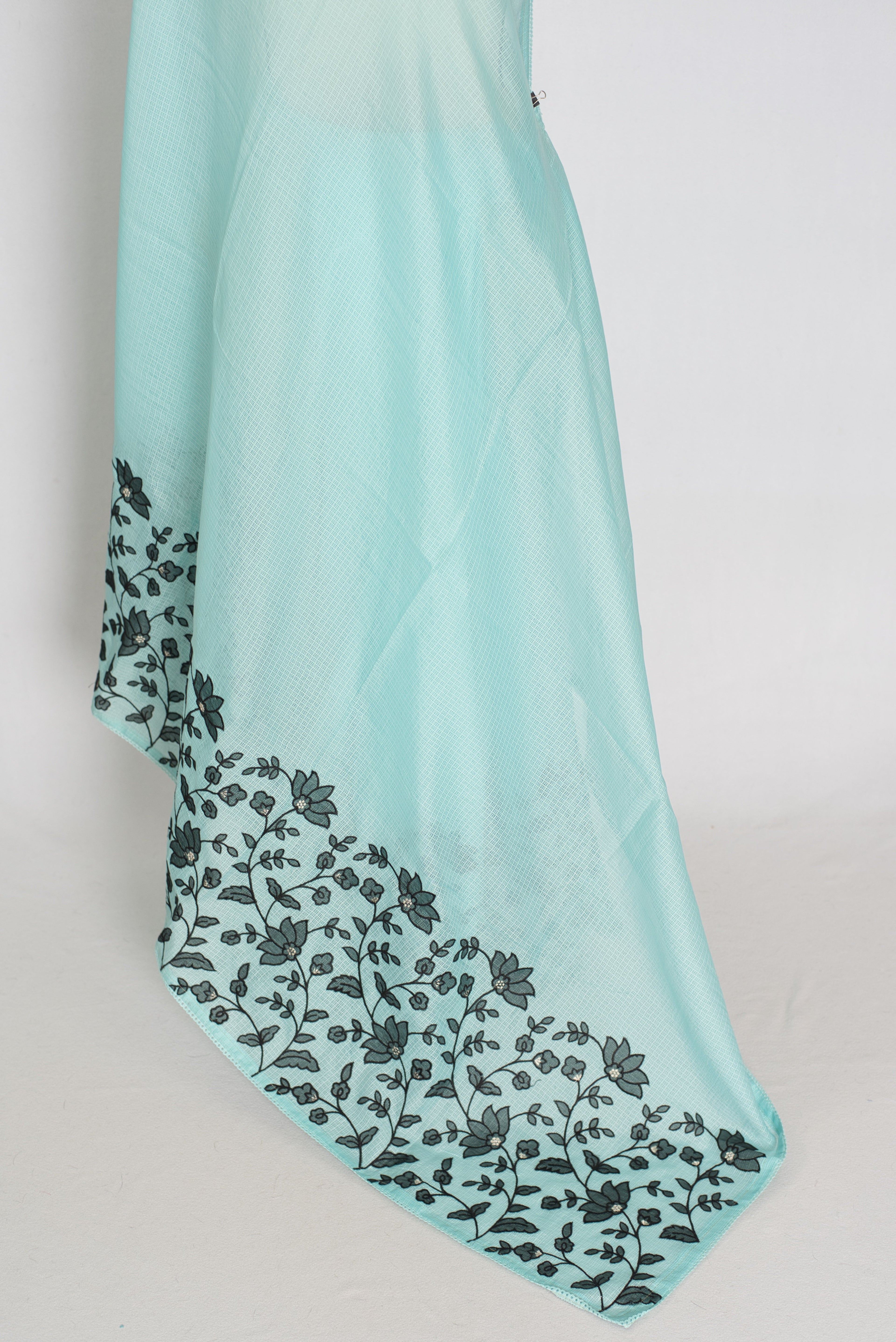 Dhriti | Turquoise Blue & Black Semi Kota Silk Saree | Artistic Floral Appliqué