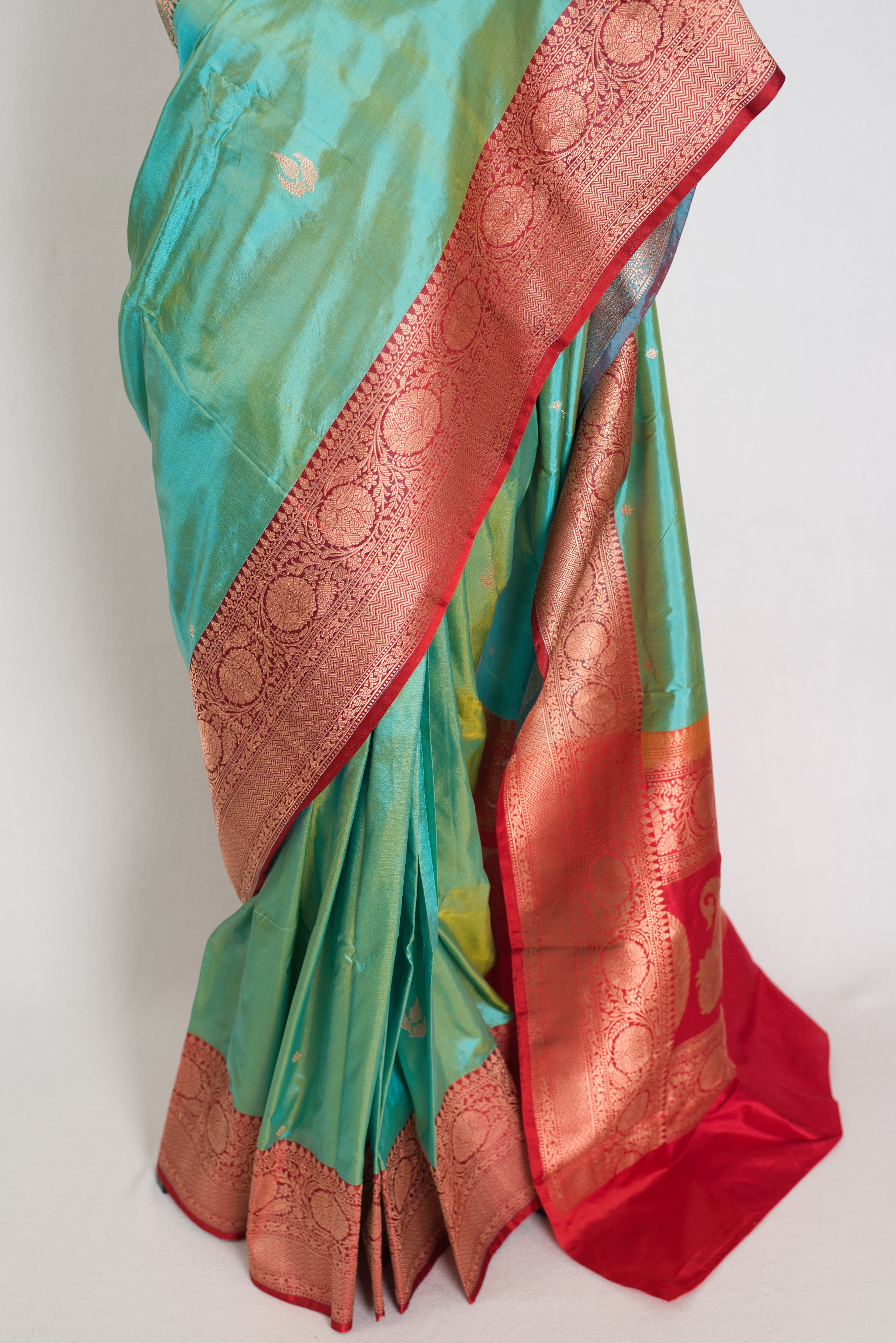 Nandini | Sea Green & Red Ganga Jamuna Border Banarasi Silk Saree