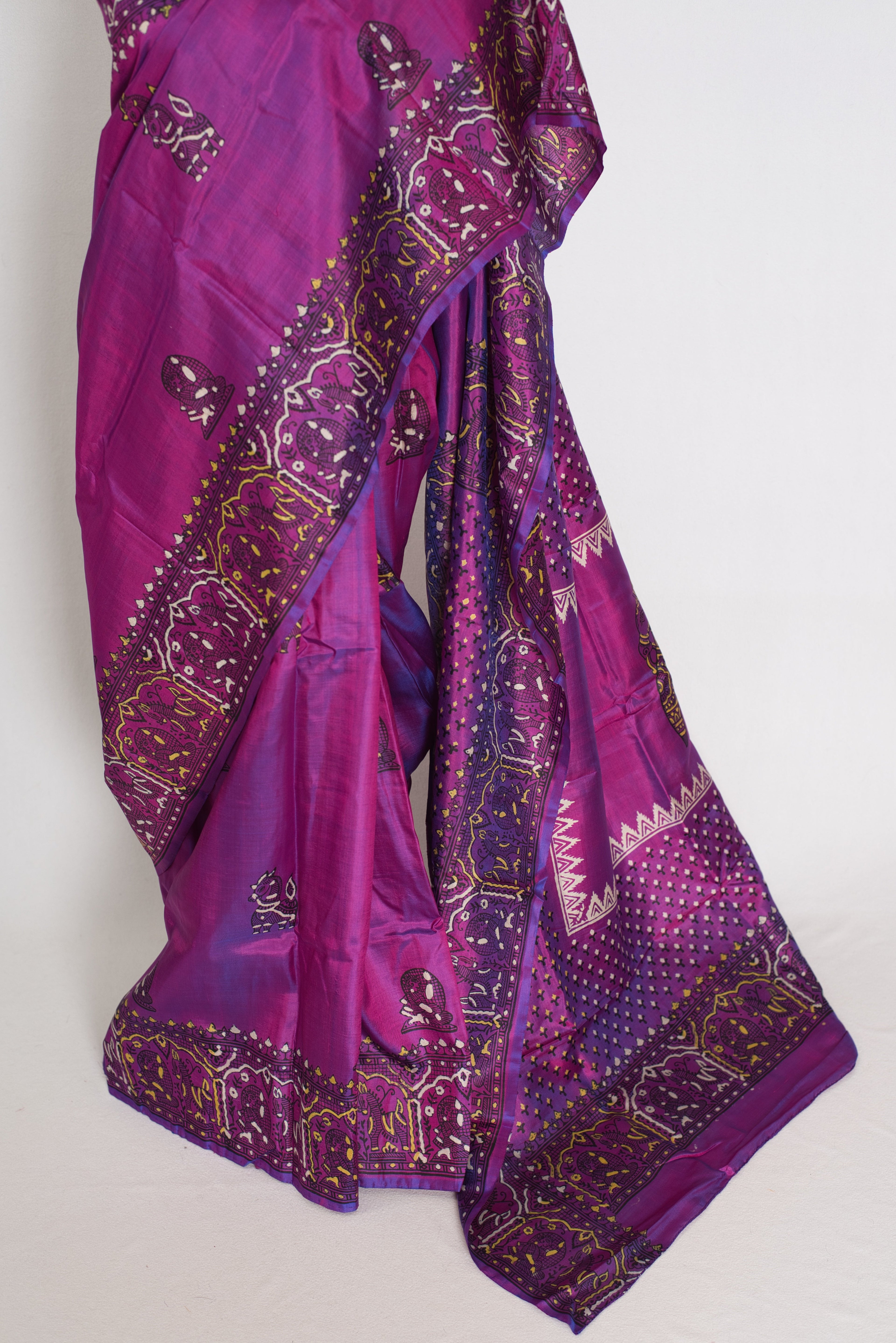 Indrani | Purple Hand Block Printed Bishnupur Katan Silk Saree | Pure Silk