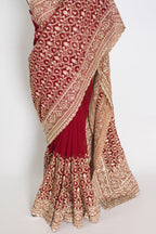 Mohey | Maroon and Gold Georgette Bridal Saree | Elegant Royal Festive Wear