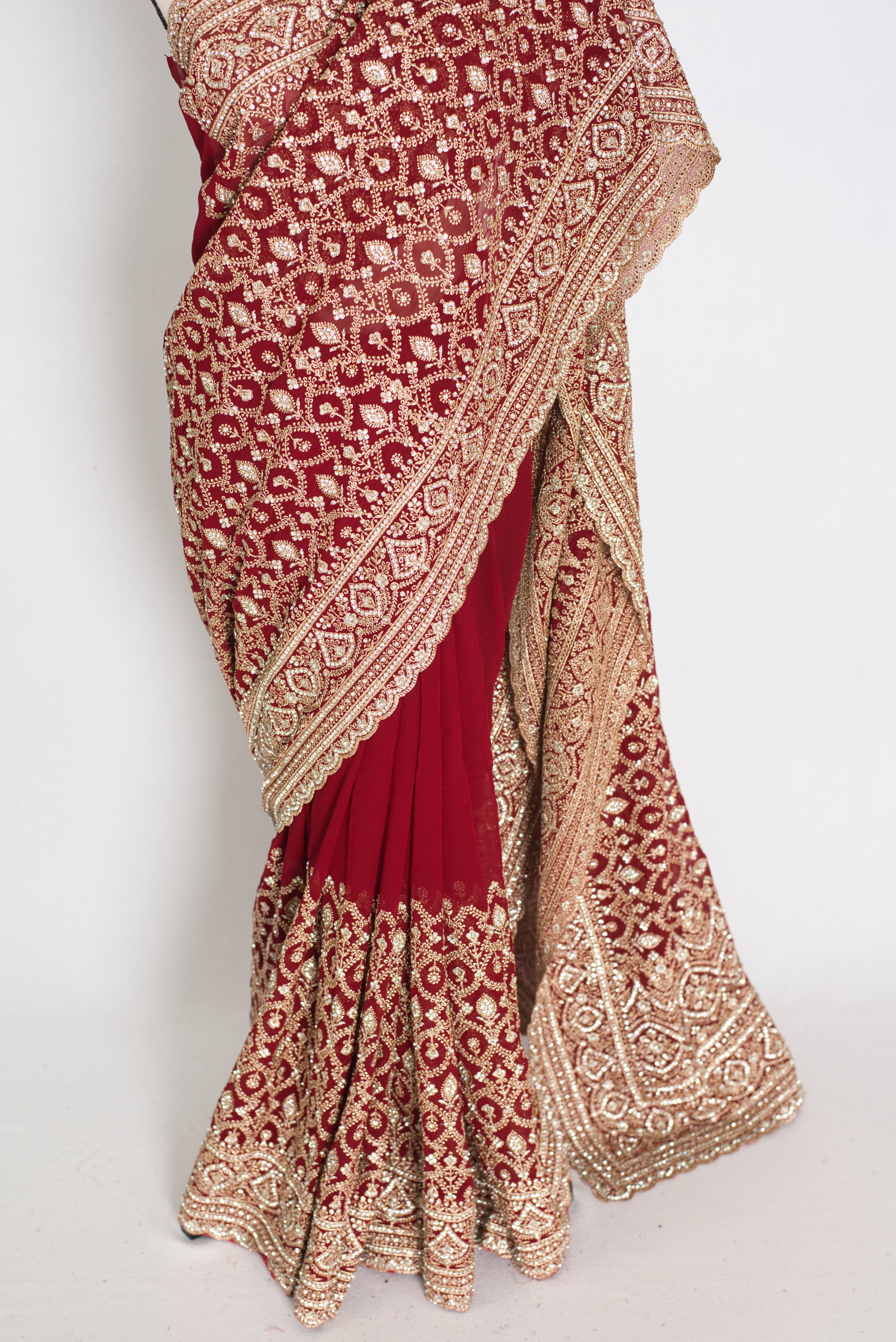 Mohey | Maroon and Gold Georgette Bridal Saree | Elegant Royal Festive Wear