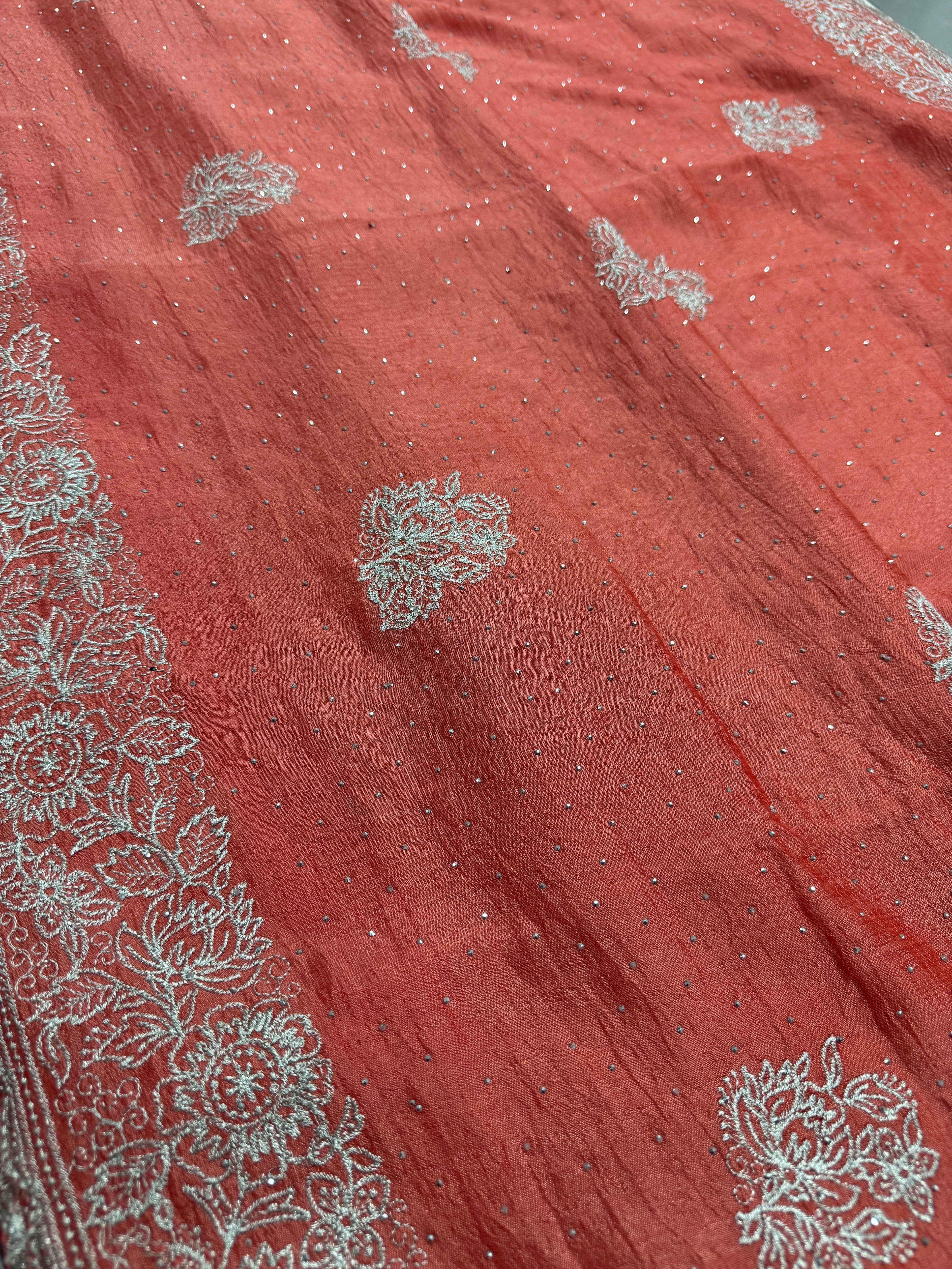 Iti | Peach Partywear Saree | Silver Thread Embroidery & Stones