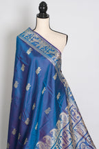 Arpita | Peacock Blue and Cream Handwoven Baluchari Silk Saree